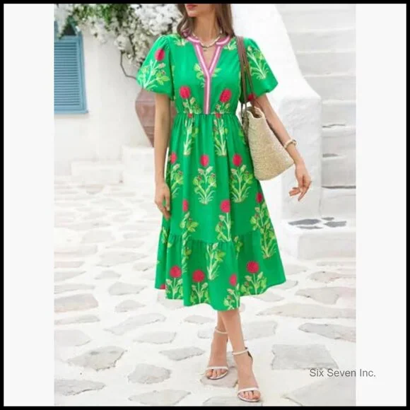 Summer Floral Maxi Dress with Puff Sleeves and V-Neck - Picture 4 of 7